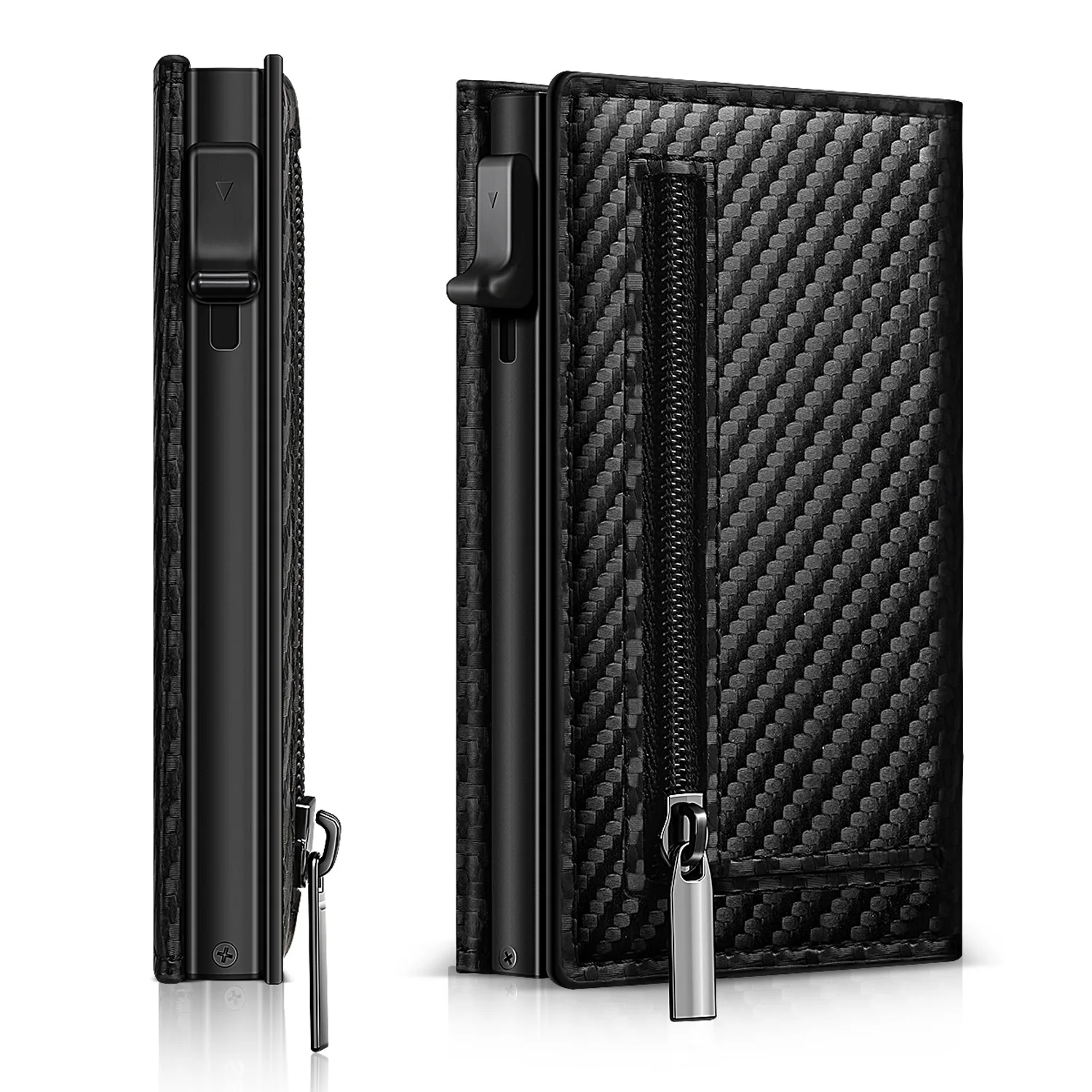 Wallet Card Holder Men Carbon Fiber Magnetic PU Leather RFID Three-fold Automatic With Zipper Coin Purse AirTag