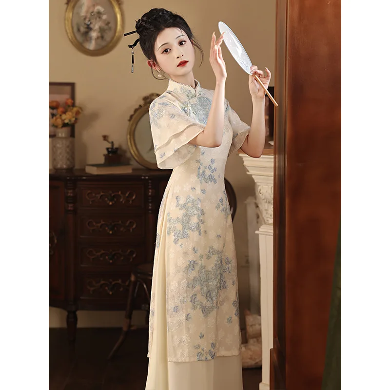 

Yourqipao Chinese Ao Dai Cheongsam Women's 2024 New Traditional Improved Chiffon Dress Summer Tea Artist Clothing hanfu Dress