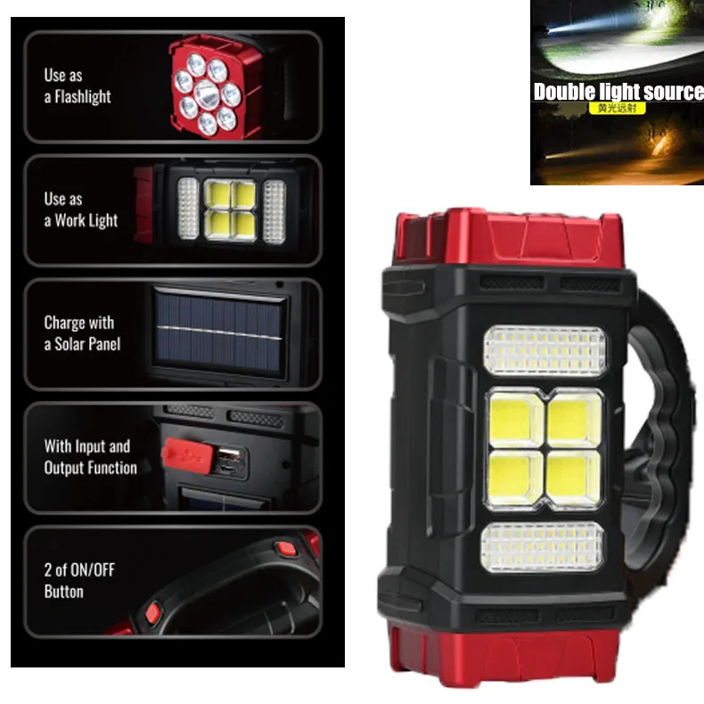 

500LM Powerful Flashlight Solar USB Rechargeable Torch Waterproof 6 Gear COB LED Work Light Portable Lantern For Camping Hunting