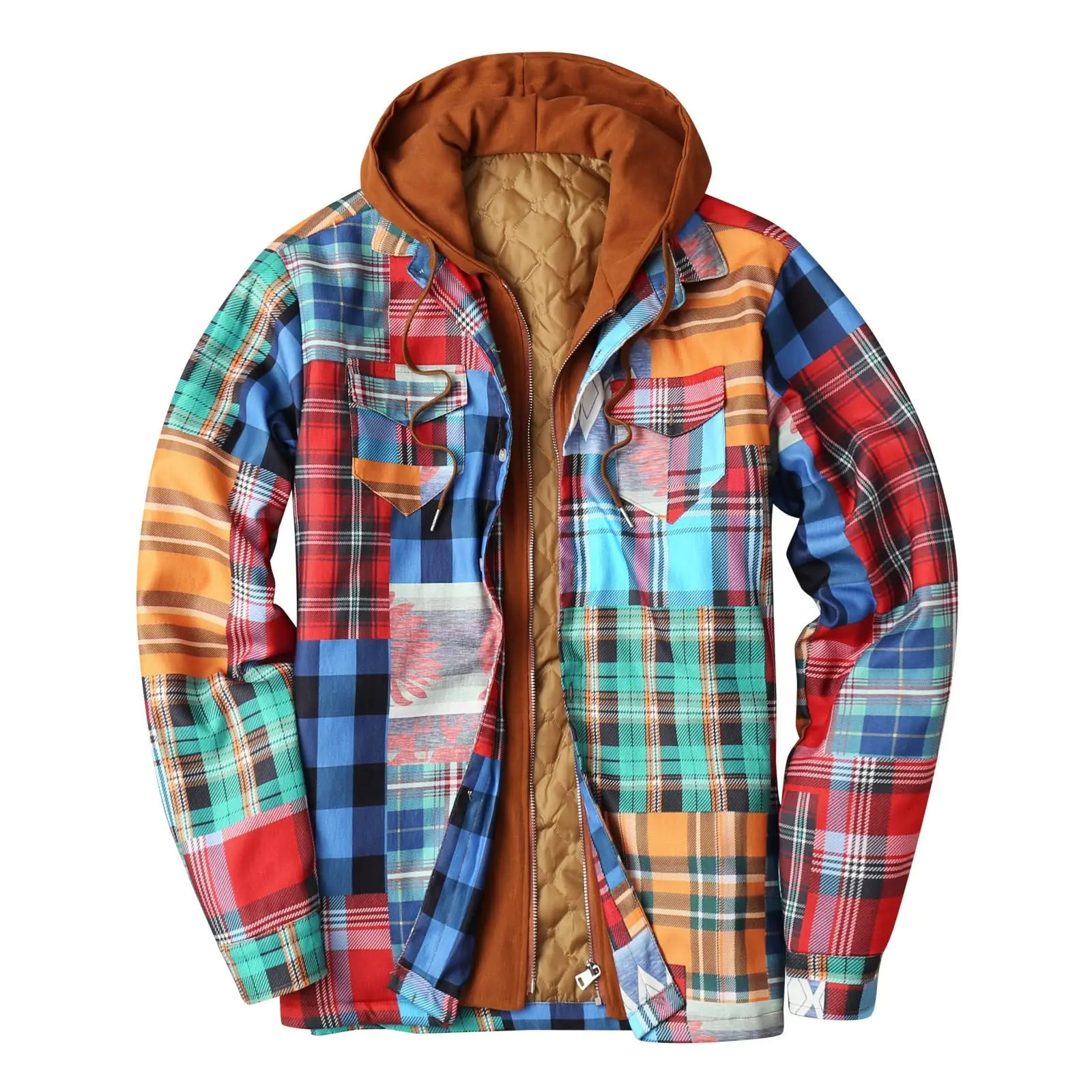 

HX Fashion Mens Winter Coat Colorful Plaid 3D Printed Jackets 2 In 1 Laminated Cotton Thicken Warm Zip Hoodie Dropshipping