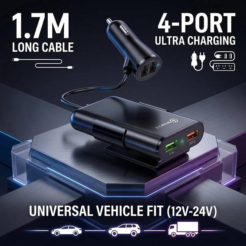 4포트 USB 차량용 충전기 (후면 클립 연장 케이블 포함) QC 3.0 고속 충전..