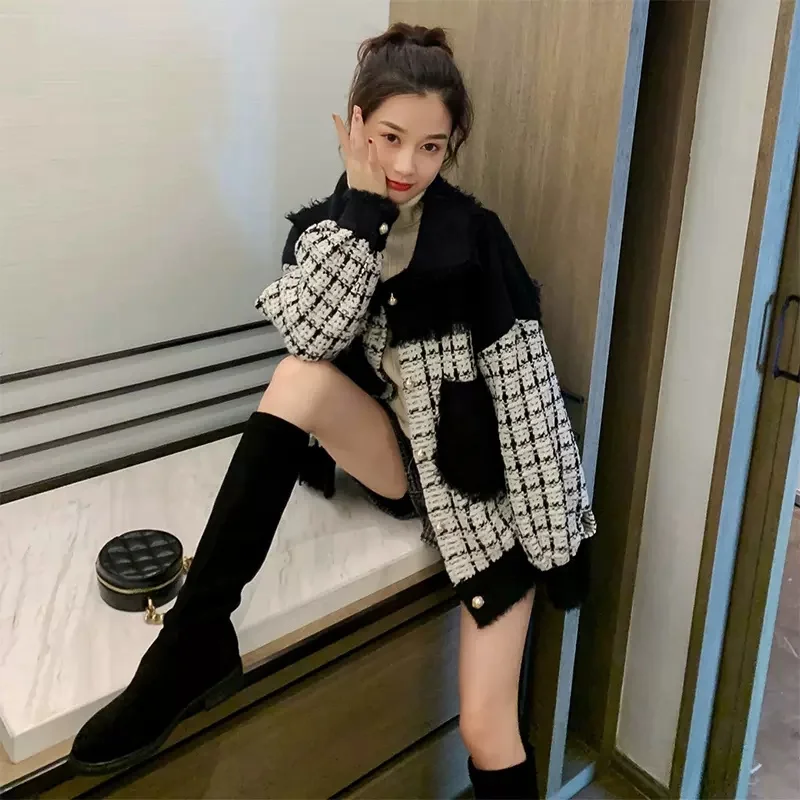 2022 New Autumn and Winter All-match High Street Small Fragrance Imitation Mink Plush Tweed Ladies Short Coat Spring and Autumn