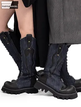 Handmade Designer Lovers Runway Platform Boots Lace Up Canvas Spliced Genuine Leather High Top Cargo Shoes Vintage Cowboy Boots