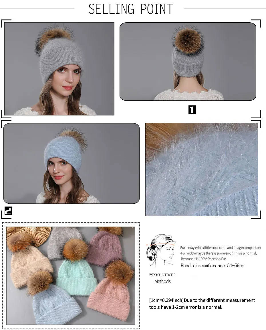 Frauen Angora Kaninchen Haar Stricken Hut Winter Gebratener Teig Wendungen doppel-schicht Bördeln Wolle Hut Waschbär Hund Pelz wolle Ball 4m864 – Detail 2