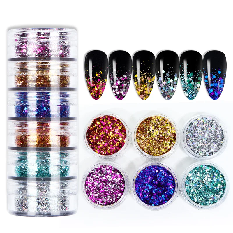 

6 Jars Mix Colorful Holographic Hexagon Sequins Nail Glitter Powder Dust Decorations Acrylic Extension Manicure Paillette Set