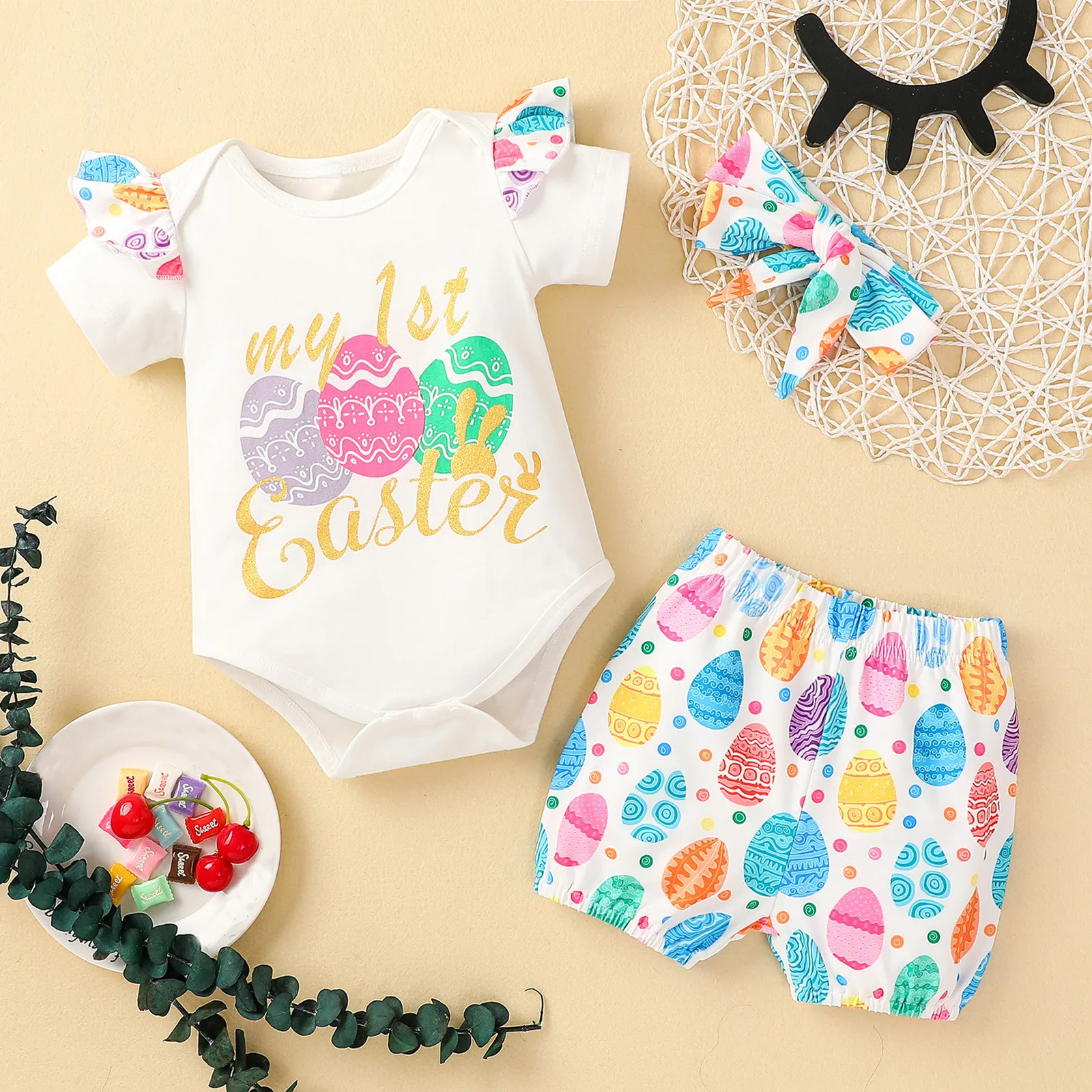 

Infant Baby Girls Clothes Summer Short Sleeve Easter Rabbit Prints Romper Bodysuits Shorts 3 Piece Outfits Baby Clothes 0-24M