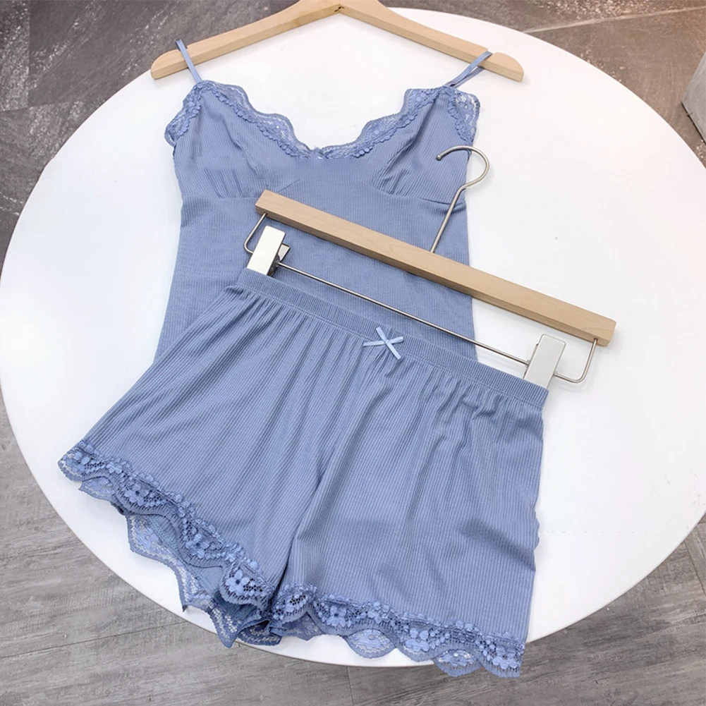 Womens Sexy Suspender V-neck Sleeveless Lace Trimmed Two-Piece Set Solid Home Comfortable Shorts Suit Female Sleepwear Pants Set