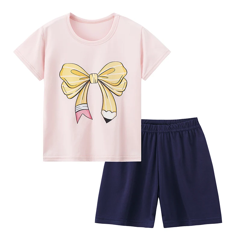 2-Pcs Children's Short-sleeved Shorts Suit Girl Sweet And Lovely Pink Round Neck Shirt Casual Joker Shorts Casual And Comfortable 4
