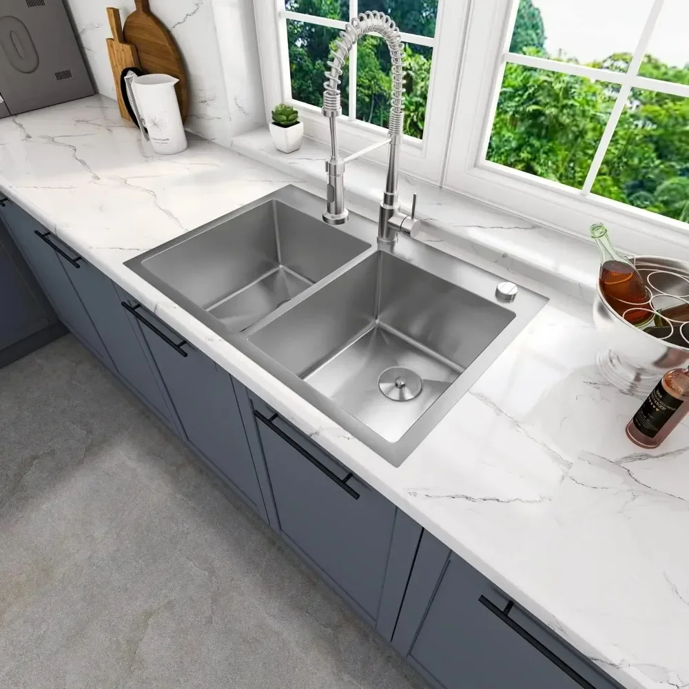 33" x 22" x 9" Drop In Double Bowl Kitchen Sink with 18 Gauge 304 Stainless Steel Satin Finish HT3322D-9-S (Sink Only) 2