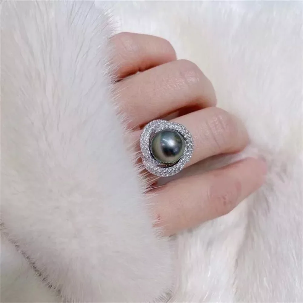 아름다운 AAAA 남해 블랙 라운드 펄 오픈 조절 링, 925S, 11-12mm, 10-11mm