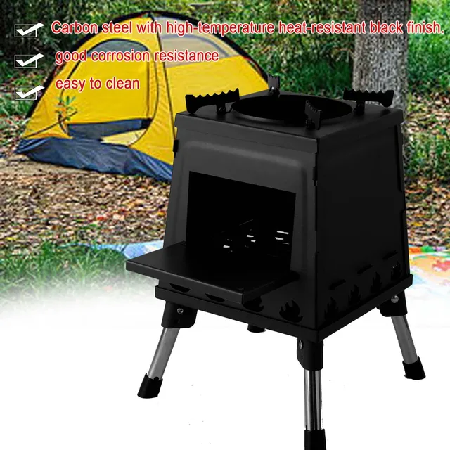 Kültéri Könnyű Kemping Fa Tűzhely Hordozható Összecsukható Piknik Leszerelhető Égő Kályha Fekete
