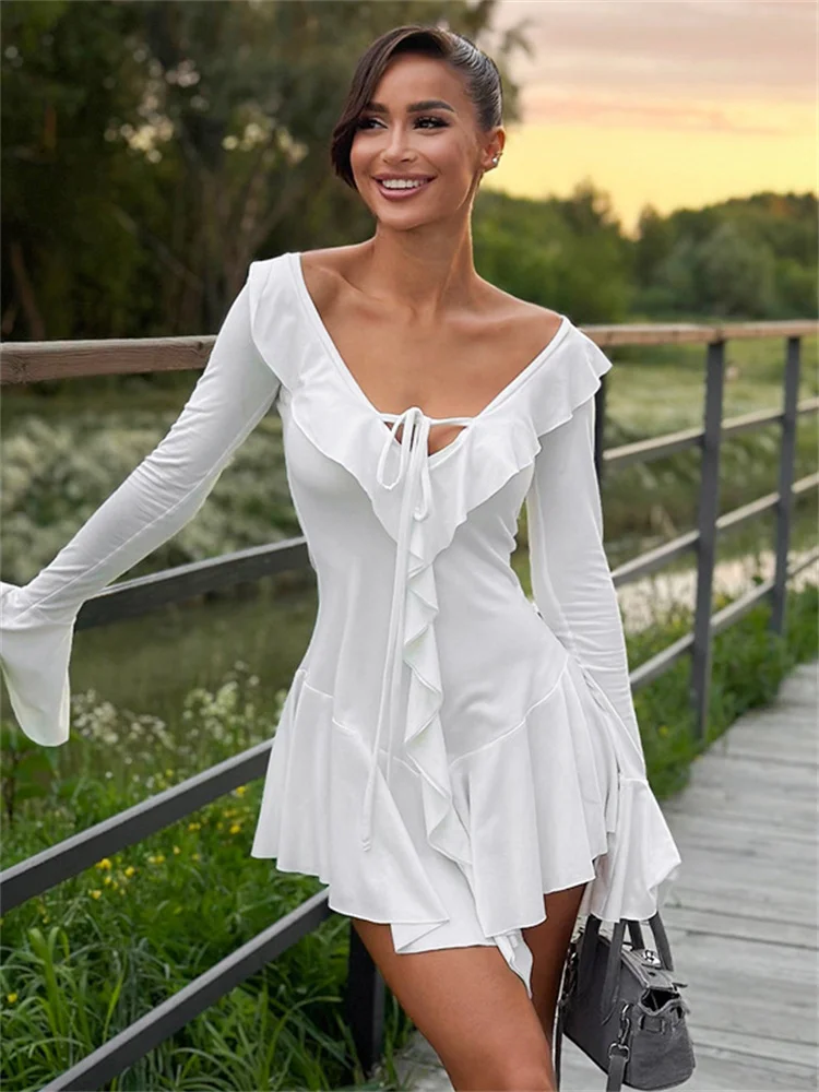 Ruffled Lace-Up White Mini Dress Women's V-Neck Patchwork Long Sleeve Sexy Slim Dress Bandage Elegant Female Summer Dress 2