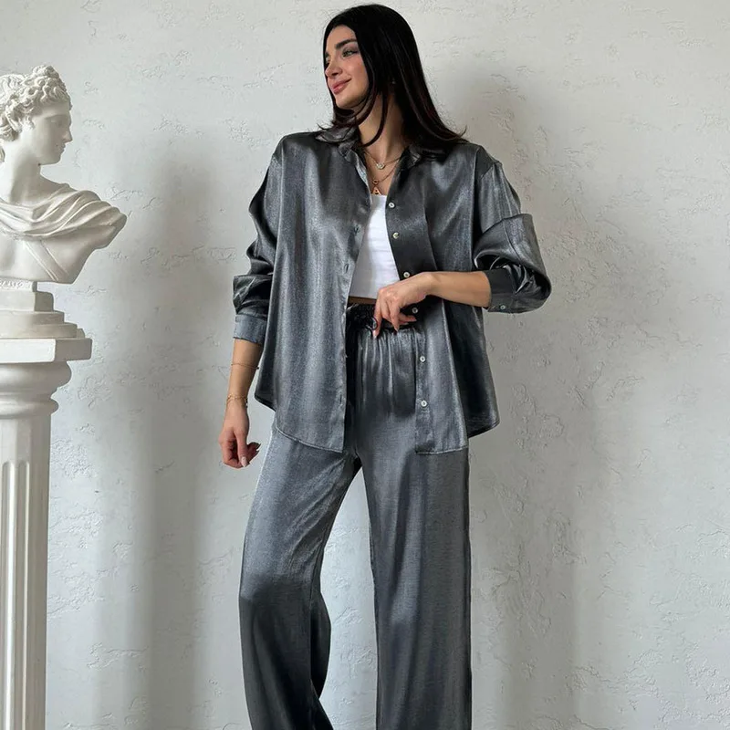 

2024 New Fashion Casual Women's Set Sparkling Silk Large Silhouette Shirt High Waist Wide Leg Pants Piece Set Multicolor Highend
