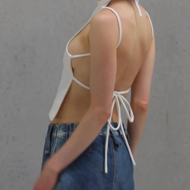 

Y2K Backless Bandage Crop Top Black Women O Neck Sleeveless Tank Tops White Off Shoulder Sexy Summer 2022