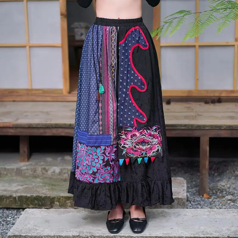 2024 ethnic cotton linen patchwork women skirt vintage flower embroidery elastic waist skirt chinese elegant folk dance skirt