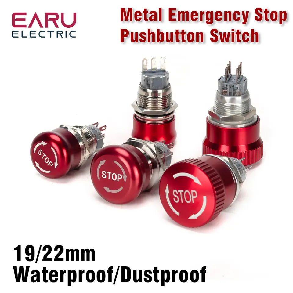 19/22mm Metal Emergency Stop Button Switches 12V 24V 220V Latching Knob Rotary Switch Waterproof Socket Power-off Stop Momentary image 1