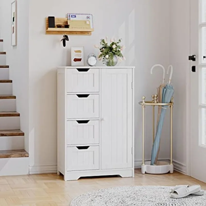 

Bathroom Floor Cabinet, Freestanding Storage Cabinet with 4 Drawers & 1 Cupboard, Adjustable Shelf, White