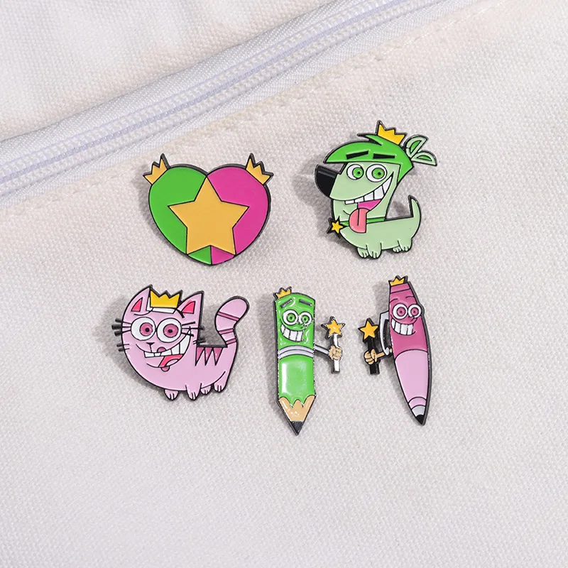 Comedy Animation Fairly Oddparents Enamel Pins Cute Cartoon Timmy Cosmo and Wanda Poof Metal Brooch Badge Backpack Accessory Gif