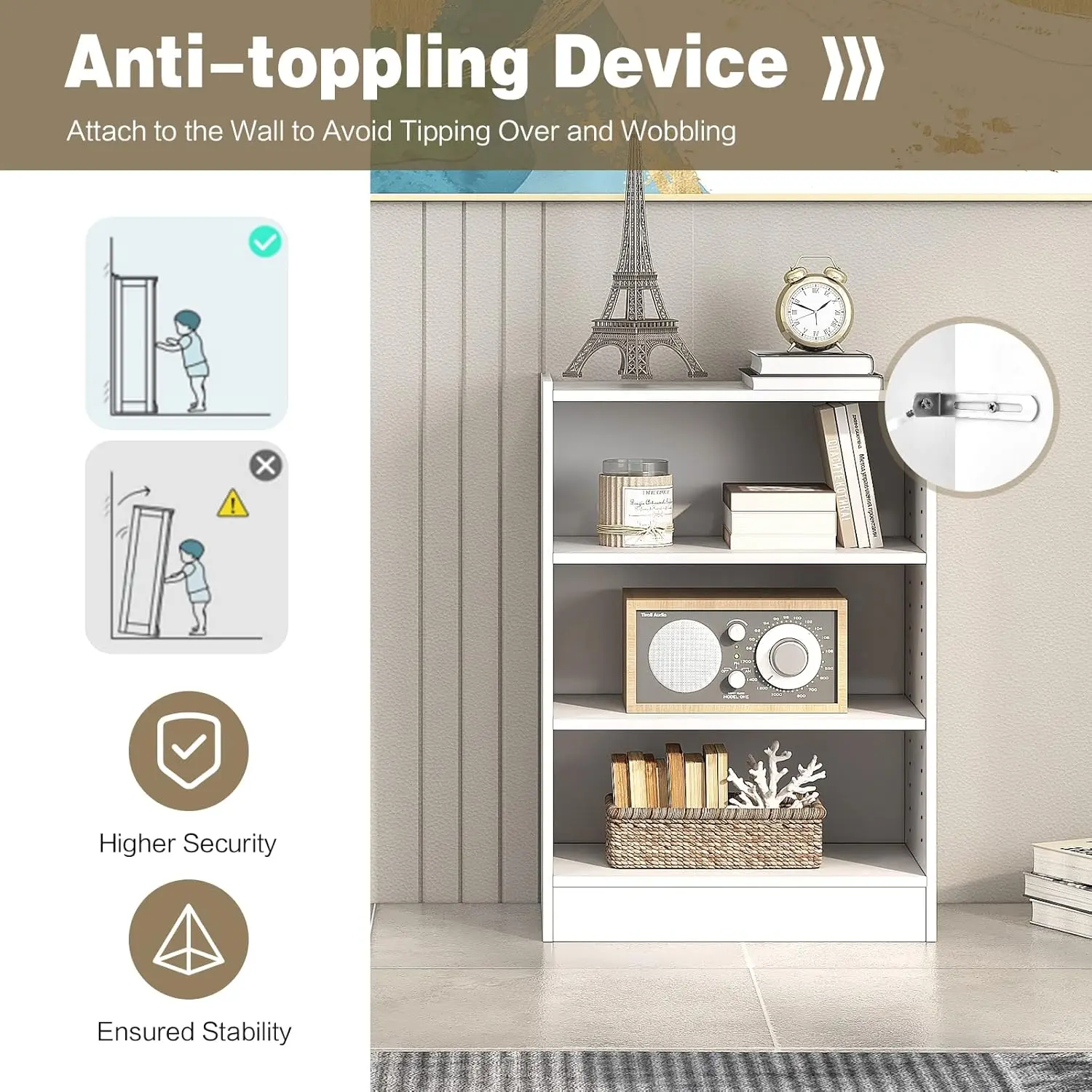 3-Tier Open Bookcase, Modern 3-Cube Bookshelf with 18-Position Adjustable Shelves & Anti-toppling Devices,