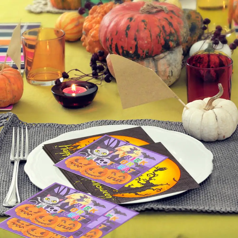 

1 Pack 20 Sheets Dinner Napkin Cartoon Print Double Layer Pumpkin Witch Skull Pattern Paper for Festival