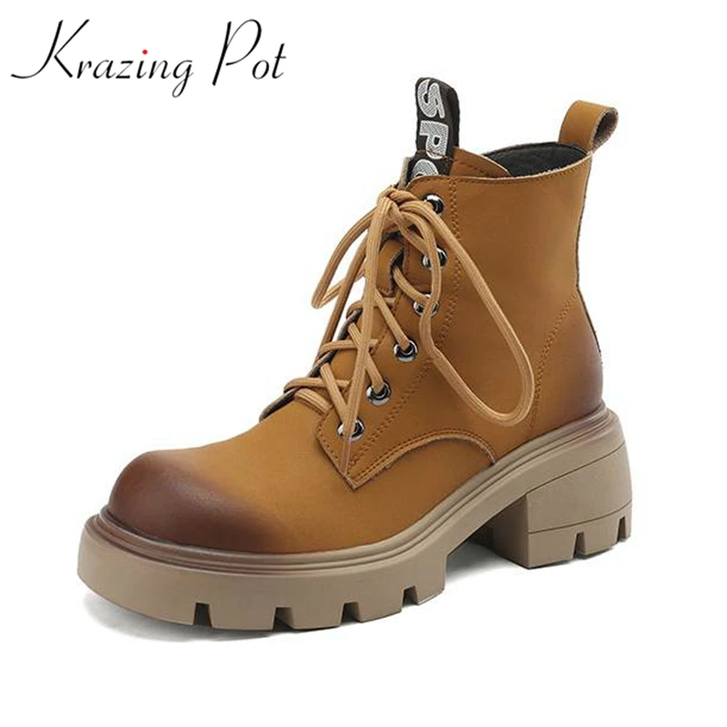 

Krazing Pot Cow Leather Round Toe Thick Med Heel Winter Fashion Western Cowboy Boots England Style Cross-tied Casual Ankle Boots