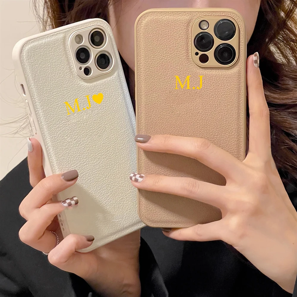 

Customize Personalised Initials PU Brown White Case For iPhone 13 11 12 Pro Max X XR 7 8 Plus Luxury Cover for iPhone 11 Pro Max