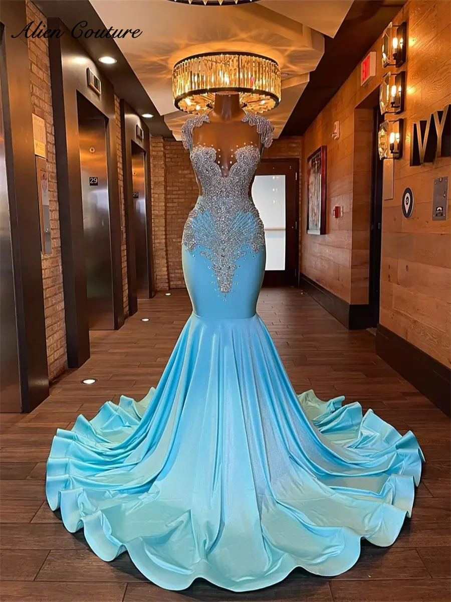 Baby Blue Prom Dress Sparkly Beads Crystal Rhinestones Sheer Mesh Court Train Luxury Gown For Wedding Event Customized