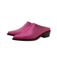 2025 New Mules Baotou Pointed Thick Heel Medium Heel Rhinestone Large Women's Slippers Half Slippers Women Shoes for Women - Image 6