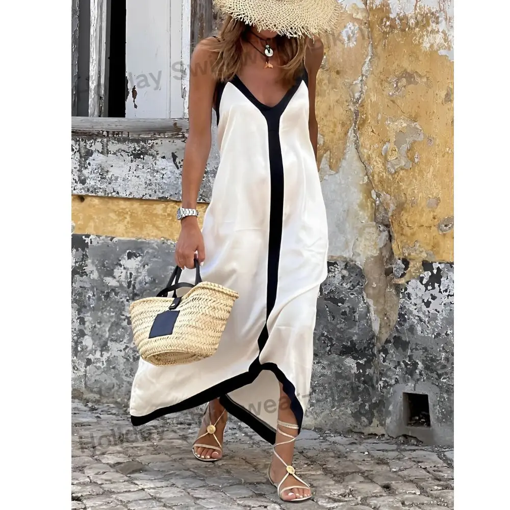 White-black V Neck Maxi Dress Thin Straps Patchwork Midi Dress Sexy Fashion Female Dresses Chic Female Holiday Beach Slip Dress spring summer 2020 woman tank dress casual satin sexy camisole elastic female home beach dresses v neck camis sexy dress