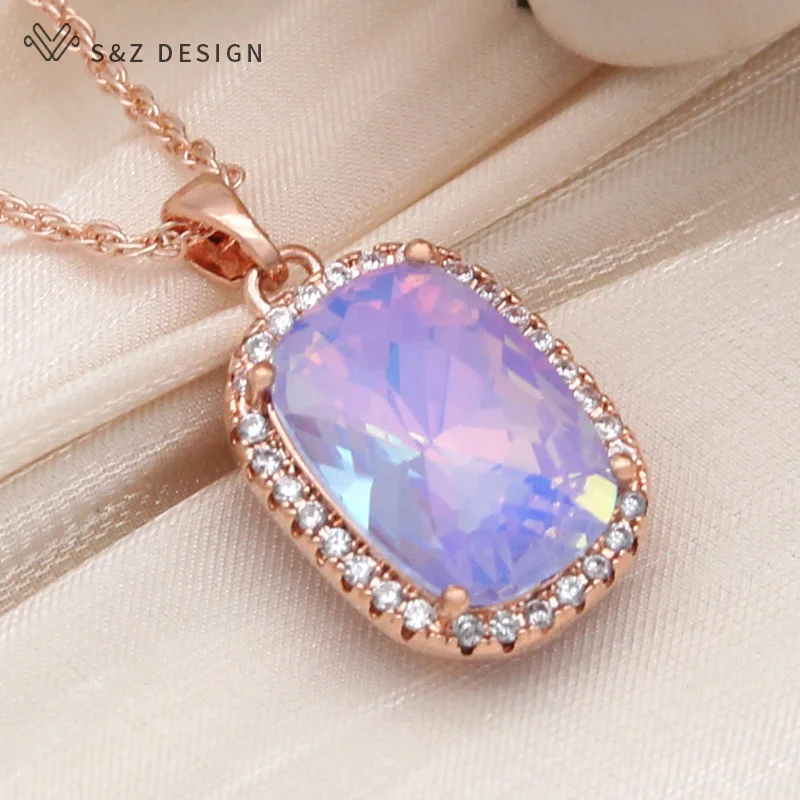 S&Z DESIGN New Fashion Elegant 585 Rose Gold Color Rectangle Crystal Pendant Necklace For Women Wedding Zirconia Jewelry