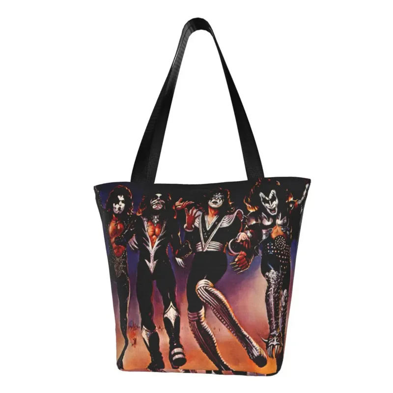 

Reusable Heavy Metal Rock Band Kiss Shopping Bag Women Canvas Shoulder Tote Bag Portable Rock And Roll Grocery Shopper Bags