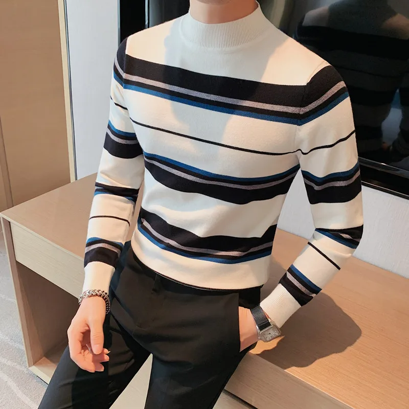 2023 Brand Clothing Men's Autumn/winter Thermal Knitting Sweater/Male Slim Fit Fashion Striped Knit Shirt Man Casual Pullover