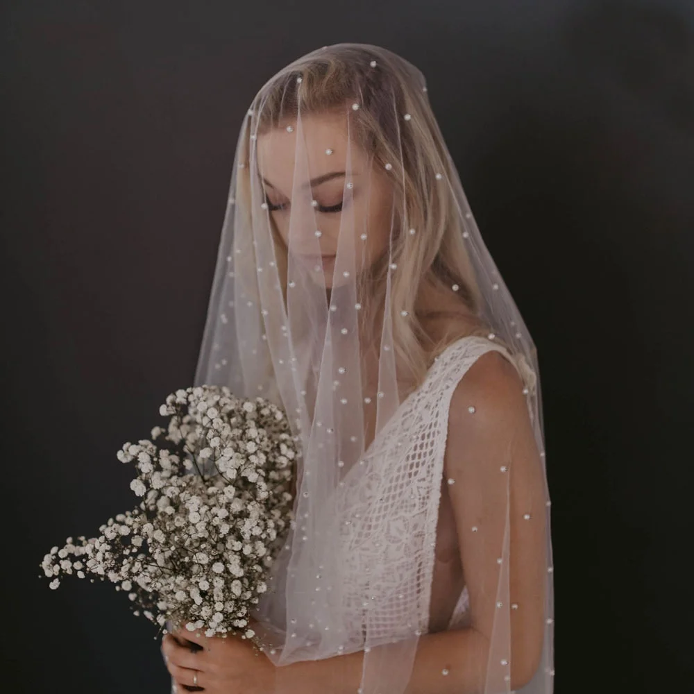 

Customize Size White Ivory Tulle Bridal Wedding Veil Beading Pearls One Layer Veil Long Bride Accessories With Comb