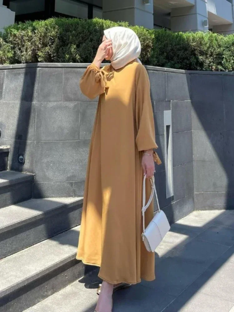 

New Summer Trendy Muslim Loose Solid Women's Robe Lantern Long Sleeve Bow Tie Waist Female Dress Holiday Costume Party Dresses