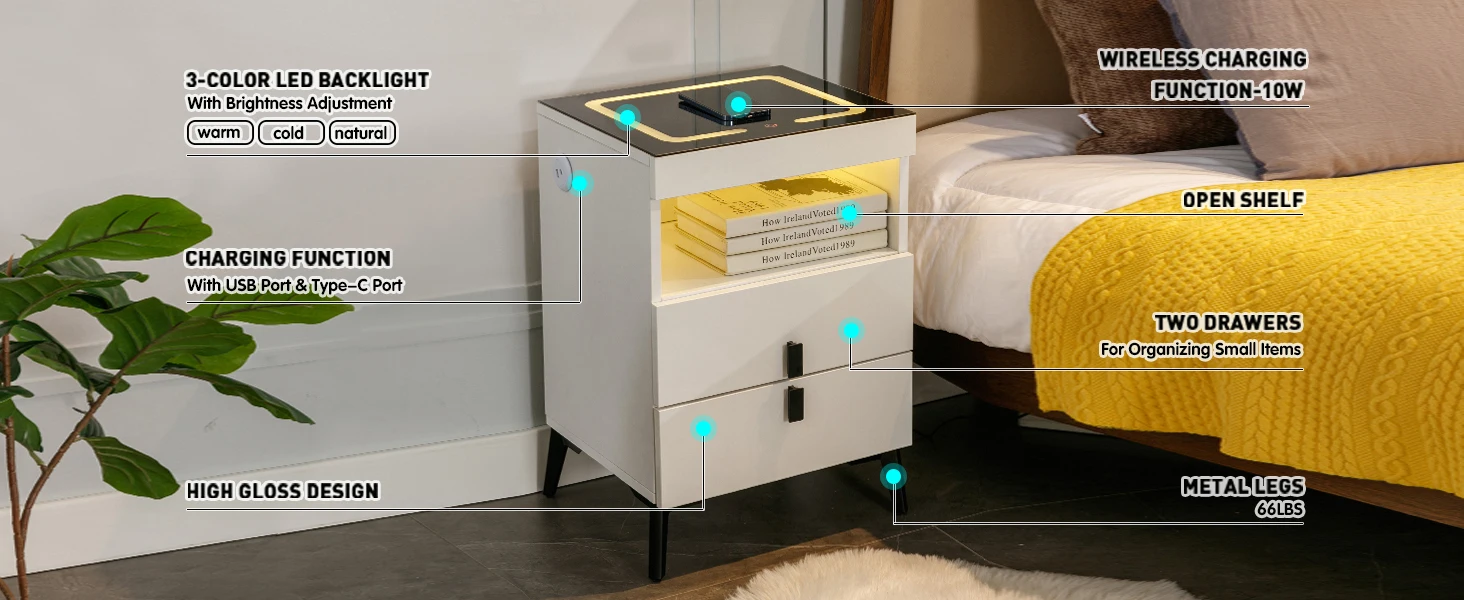 Nightstand Wireless Charging Station & USB Type C Ports, Minimalist Night Stand with LED Light 3 Colors & Adjustable Brightness
