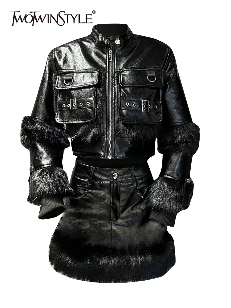 

TWOTWINSTYLE Patchwork Feathers Two Piece Sets For Women Stand Collar Long Sleeve Coat High Waist Mini Skirt Slimming Set Female