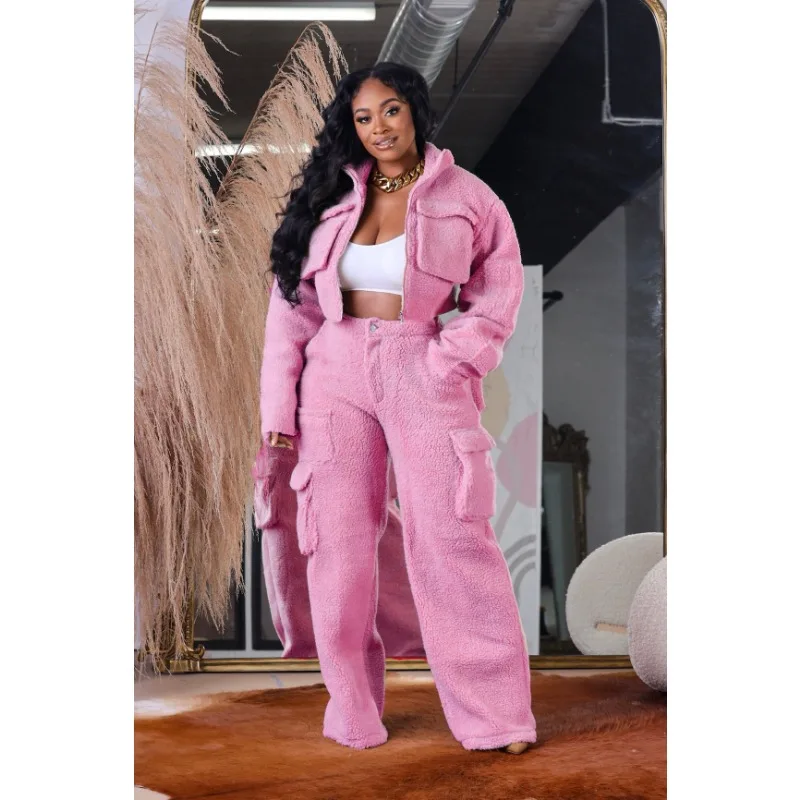 Solid Casual Cargo Cashmere Warm 2 Piece Set Women Long Sleeve Zipper Short Jacket High Waist Pockets Pants Trends Streetwear
