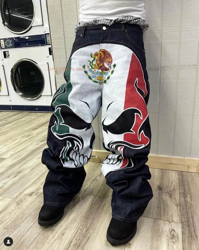 Tide Y2k Jeans Men Women Skull Elements Personalized Straight Pants American Street Style Ins Loose Casual Blue Denim Pants
