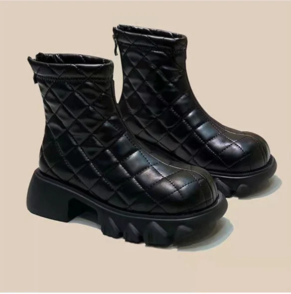 Martin donna autunno e inverno 2024 nuovo stile schiuma spessa fondo verso il basso griglia diamantata sottile camino cotone stivali corti_voghion.com