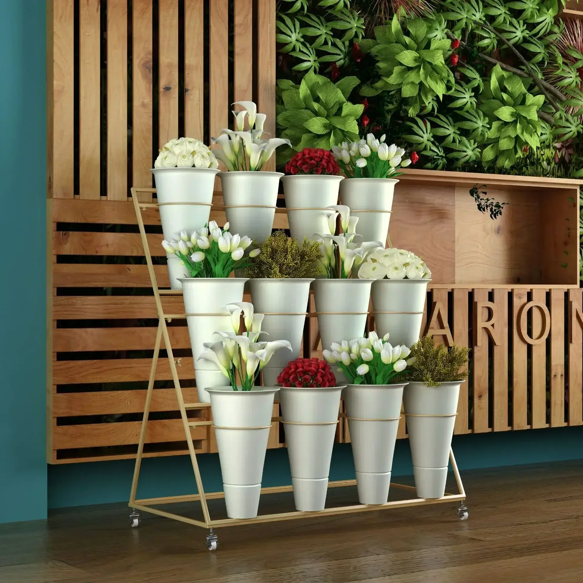 Multi-tier Flower Display Rack,Large Removable Display Stand with Plastic Bucket, Black Gold Flower Shop Iron Wedding Visualizer