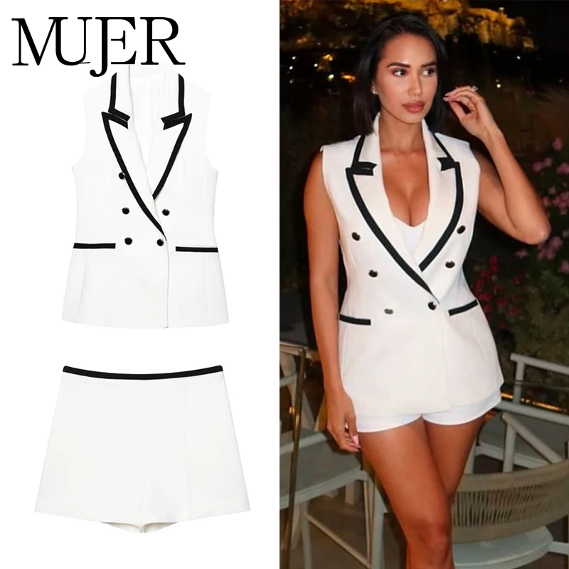 MUJER blanc femme costume sans manches gilet 2 pièces ensemble