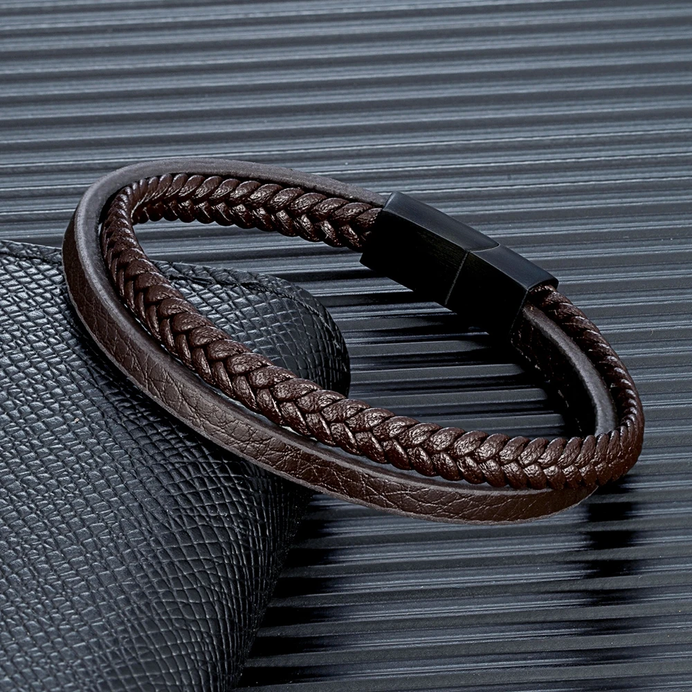 Mkendn minimalist ische Männer Doppelstrang gewebtes Leder armband mattschwarz Edelstahl Schnalle Zubehör hand gefertigten Schmuck Geschenke