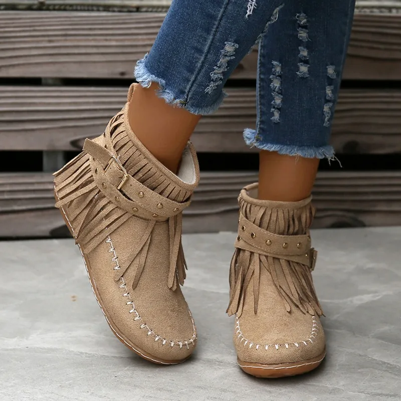 2023 Winter Warm Shoes for Female Side Zip Women's Ankle Boots Flat with Light Women's Shoes Tassel Belt Buckle Ladies Boots