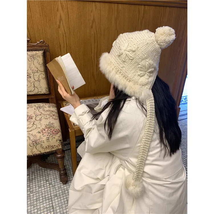 

Cute Rabbit Hair Ball Plush Wool Hat Plush Thickened Knitting Strap Lei Feng Hat