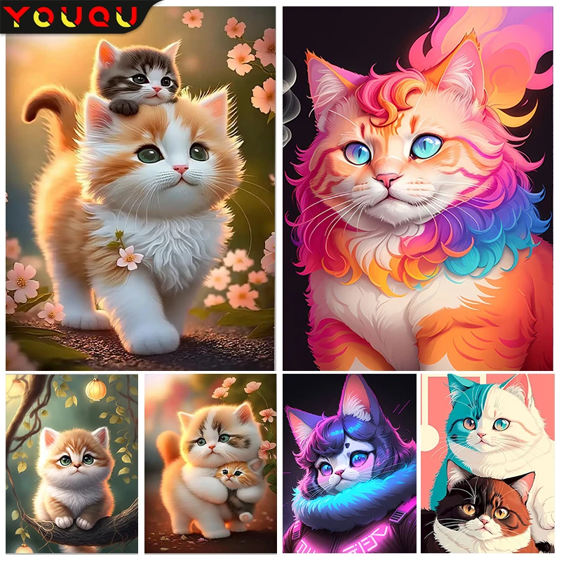 

YOUQU Diamond Painting Animal Picture DIY Diamond Embroidery Cross Stitch Kit Cat Animal 5D Mosaic Picture Home Decoration Gift