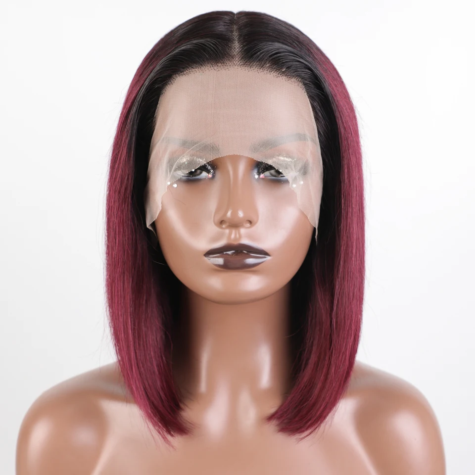 Short Bob Human Hair Wigs For Women 99j Red Ombre Colored Lace Front Wigs With Bangs 13X6X1 Straight HD Lace Brazilian Hair Wigs