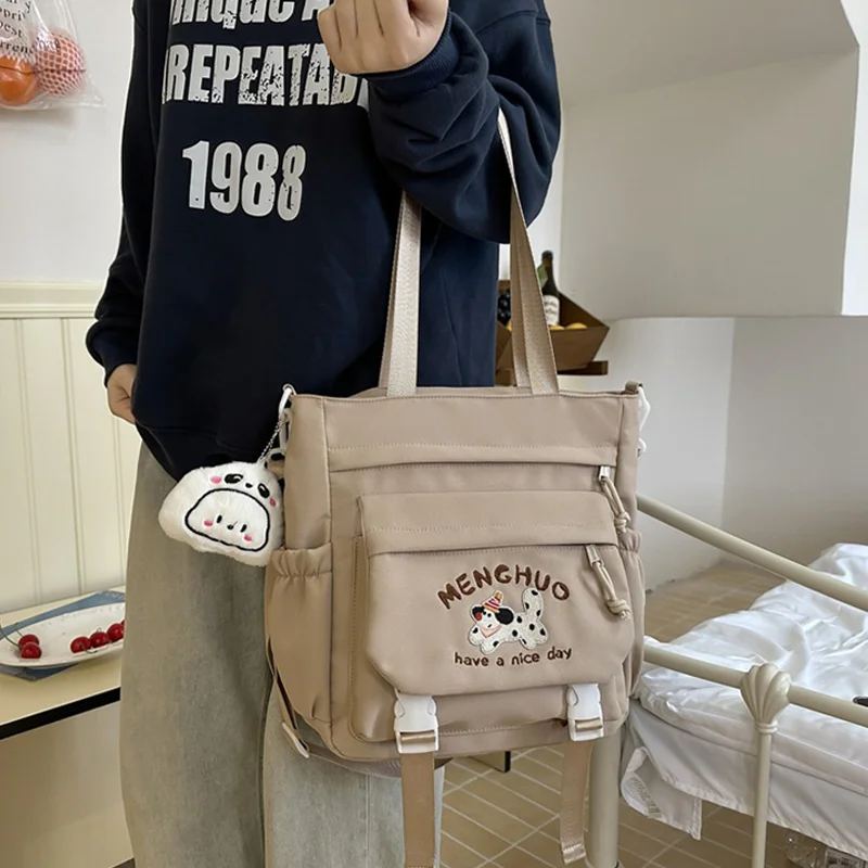 Dog Cartoon Embroidery Women's Shoulder Bags Cute Large Capacity Multiple Pockets Crossbody Bag Student Book Bag