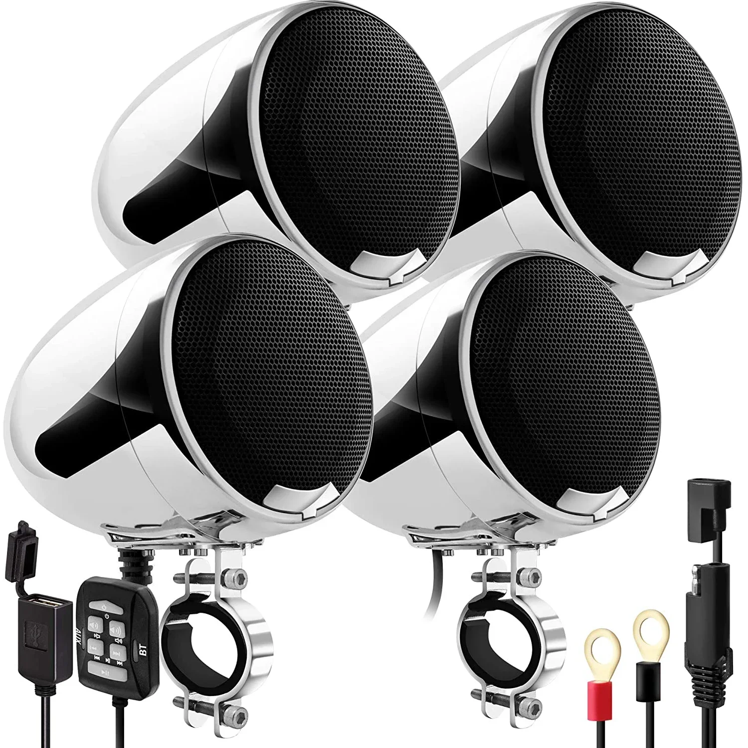 Waterproof 4.5 Inches Motorcycle Bluetooth Speakers Stereo Audio System with 1200W 4CH Built-in Amplifier, USB and AUX MP3 Input