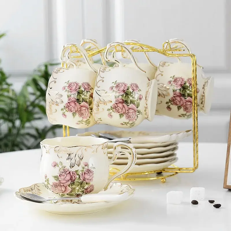 Rose Flowers Bone China Coffee Set British Porcelain Tea Set
