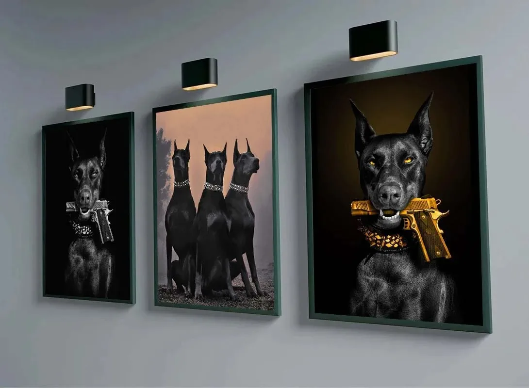 

New Modern Fashion Black Doberman Dog with A Pistol Poster Canvas Painting Luxury Animal Wall Art Picture for Living Room Decor